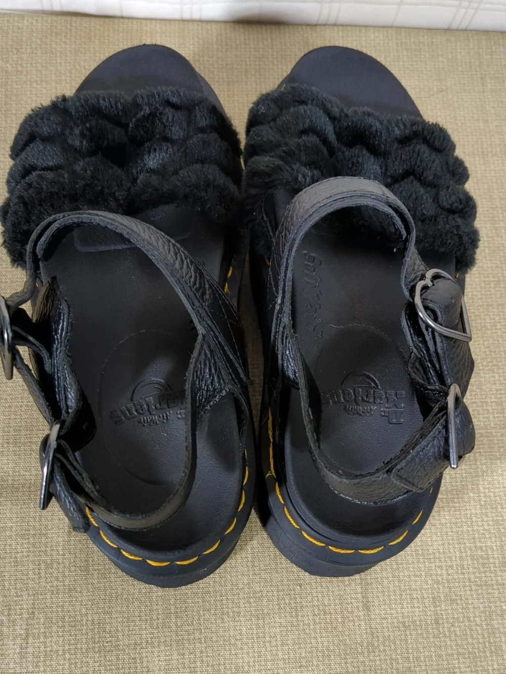 Dr. Martens Voss Quad Black Fluffy Chunky Platform Sandals Silvertone Hardware